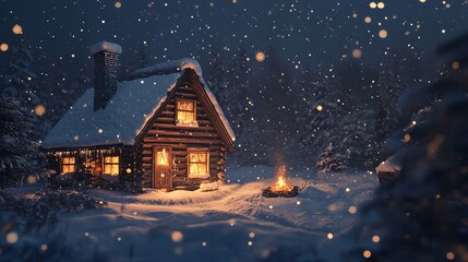 Fototapeta premium A cozy cabin glows warmly in a snowy forest at night.