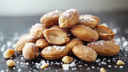 Fototapeta premium A heap of roasted peanuts with a light dusting of salt, isolated against pure white, detailed texture and natural shadows, suitable for packaging designs