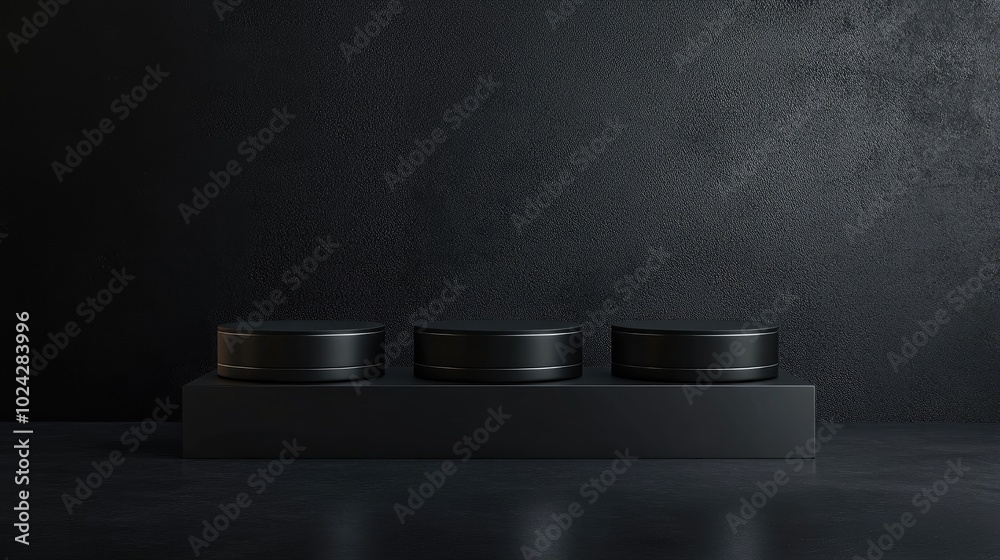 Aufkleber Black triple podium on a dark background Minimalistic display for product showcasing 3D rendering Horizontal mockup