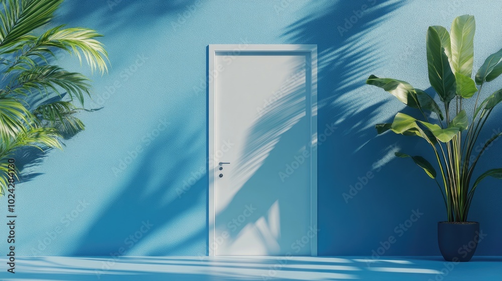 Poster Blue themed door and window with plant concept Light background featuring ample copy space 3D rendering suitable for web pages presentations or picture frame backgrounds embodying a minimalist sum