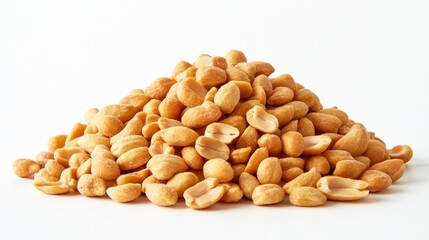 A pile of lightly salted roasted peanuts with a warm golden hue, isolated on a smooth white background, minimalist aesthetic, highly detailed textures