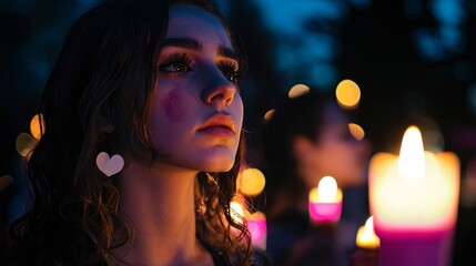 A poignant candlelight vigil commemorating lives lost, illuminated by soft flames and touching tributes against a somber night sky.