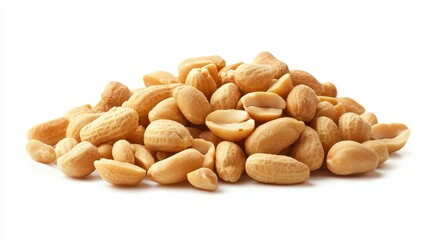 A pile of lightly salted roasted peanuts with a warm golden hue, isolated on a smooth white background, minimalist aesthetic, highly detailed textures
