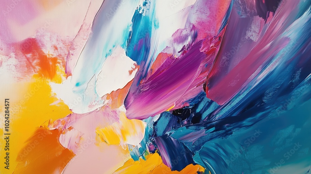 Poster abstract oil painting featuring vibrant paint blobs and strokes showcasing modern artistic expressio