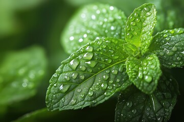 Fresh Mint Leaves with Dewdrops on a Dark Background for a Vibrant Contrast