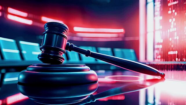 Gavel with binary code in the background.
