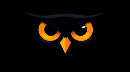 Minimalist owl illustration made from two ellipses for the eyes and a small triangle for the beak, set against a solid black background. High contrast, smooth shapes, no shading or textures,