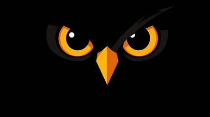 Minimalist owl illustration made from two ellipses for the eyes and a small triangle for the beak, set against a solid black background. High contrast, smooth shapes, no shading or textures,