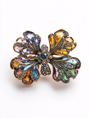 Fototapeta premium An exquisite vintage brooch featuring intricate patterns and shimmering stones, set against a pristine backdrop.