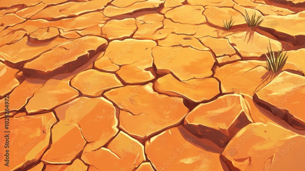 Poster 2d cartoon depiction of parched ground with visible cracks resulting from an extended dry period