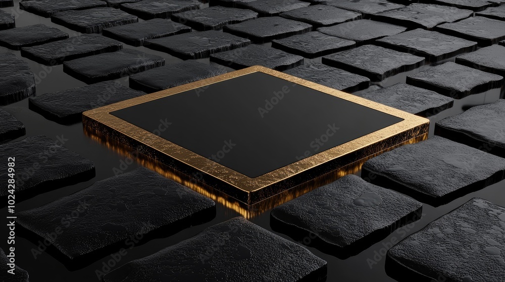 Aufkleber 3D rendering of an abstract black background featuring cobblestones and a golden square frame with a liquid floor reflecting the surroundings creating a modern minimalist display for product showc
