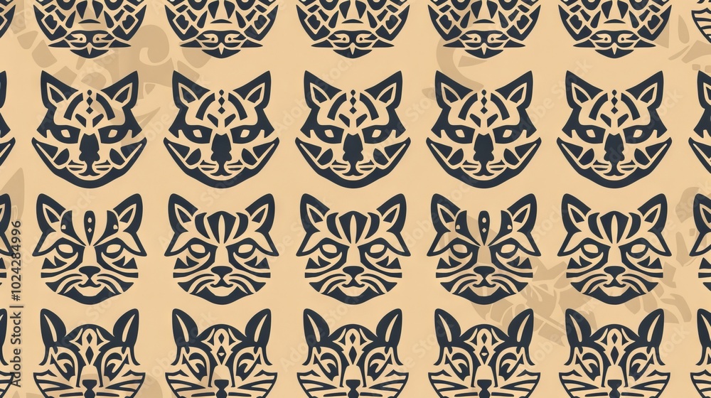 Wall mural Cat heads with intricate tribal designs in a layout pattern.