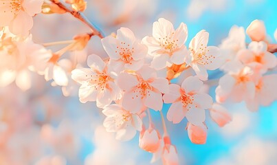 Obraz premium cherry blossoms branches with a bright blue sky behind it, Generative AI