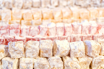 Turkish Delight Coated in Powdered Sugar – Close-Up. Restaurant Menu.