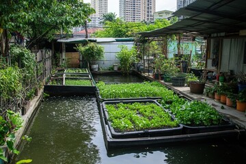 Fototapeta premium A garden with a lot of plants and a pond, generative ai image