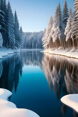 Winter landscape with reflection in the water.