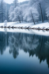 Winter landscape with reflection in the water.