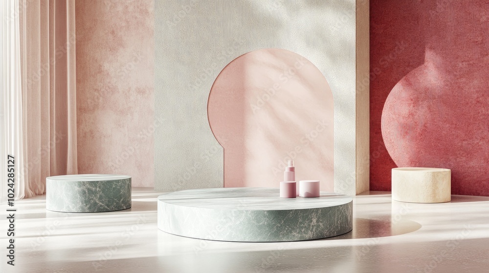 Aufkleber Abstract geometric shapes in pastel colors creating a minimal design for a cosmetic product display podium rendered in 3D