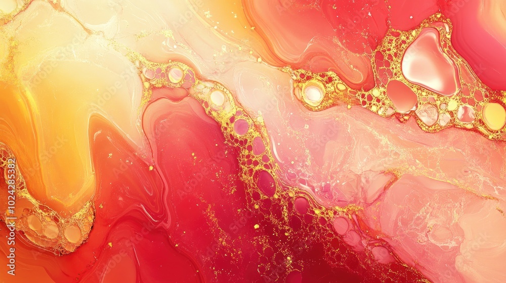 Poster Abstract fantasy marble texture featuring a romantic fractal background with red and yellow hues Digital art created through 3D rendering techniques