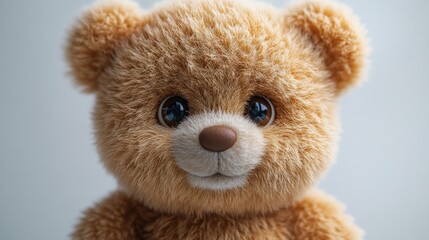 A close-up shot of a light brown teddy bear with big blue eyes and a small brown nose. The bear has a gentle, innocent expression.