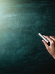 Hand holding chalk on a chalkboard, light illuminating from the side.