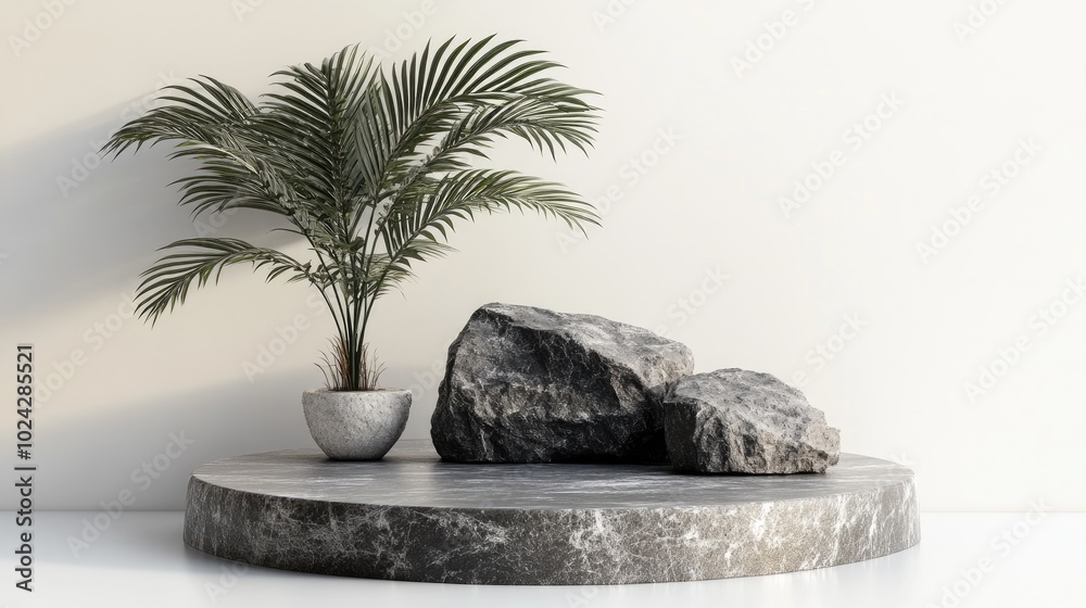 Aufkleber 3d black palm on a stone and rock podium display empty circular background mockup for cosmetics or b