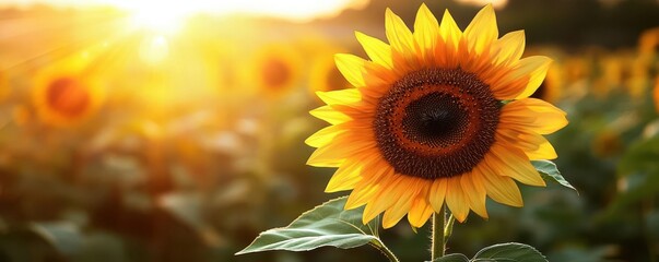Fototapeta premium Sunlight shining on a blooming sunflower in a field, vibrant golden petals, ultrarealistic detail of growth and natural beauty