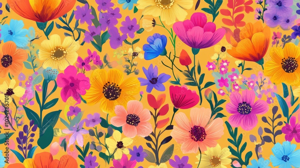 Aufkleber a seamless pattern featuring various fantasy flowers in an abstract style against a vibrant backdrop
