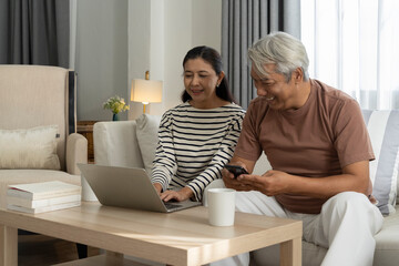 Obraz premium Happily AsianCouple Looking at Laptop Together at Home