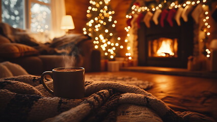 a cup of hot chocolate on a blanket. The Christmas tree and fireplace add to the warm and festive atmosphere.