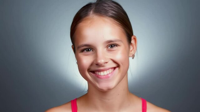Close-up video of a young woman transitioning from curiosity to excitement under studio key light with a static camera