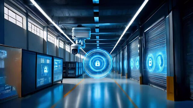 A security camera in a modern warehouse with holographic images of a padlock.