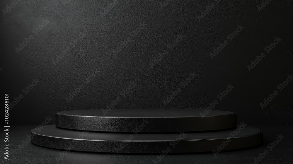 Poster Black podium or pedestal on a dark background featuring a long platform Empty product display shelf in the backdrop 3D rendering
