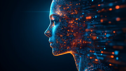 a digitized human head composed of blue and orange particles that appear to spread out