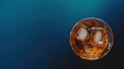 Amber whiskey in glass with ice on dark background