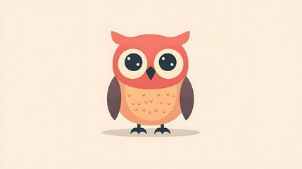 Minimalist owl illustration with a circular head and body, simple straight lines for wings, and small circles for eyes, set against a muted pastel background. Soft shadows, clean lines, flat colors,