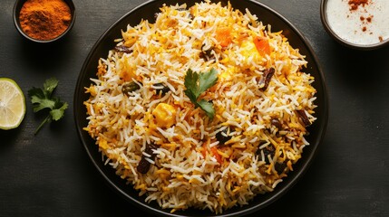 Delicious traditional biryani rice dish with spices herbs