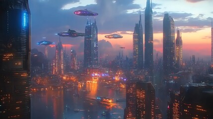 Fototapeta premium Futuristic cityscape with flying vehicles at sunset.