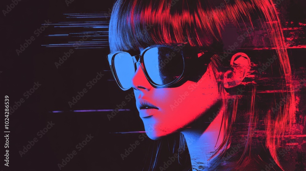 Poster 3d render abstract futuristic portrait of woman vintage glitch pixel noise error vibrant gradient re