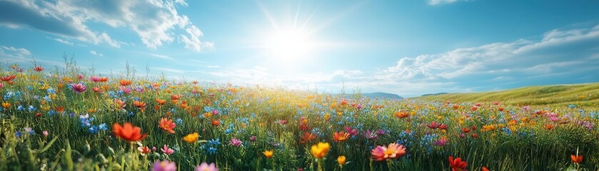 Obraz premium Wildflowers in a vast meadow, bright sunlight streaming through, ultrarealistic detail of vibrant petals and natural landscape