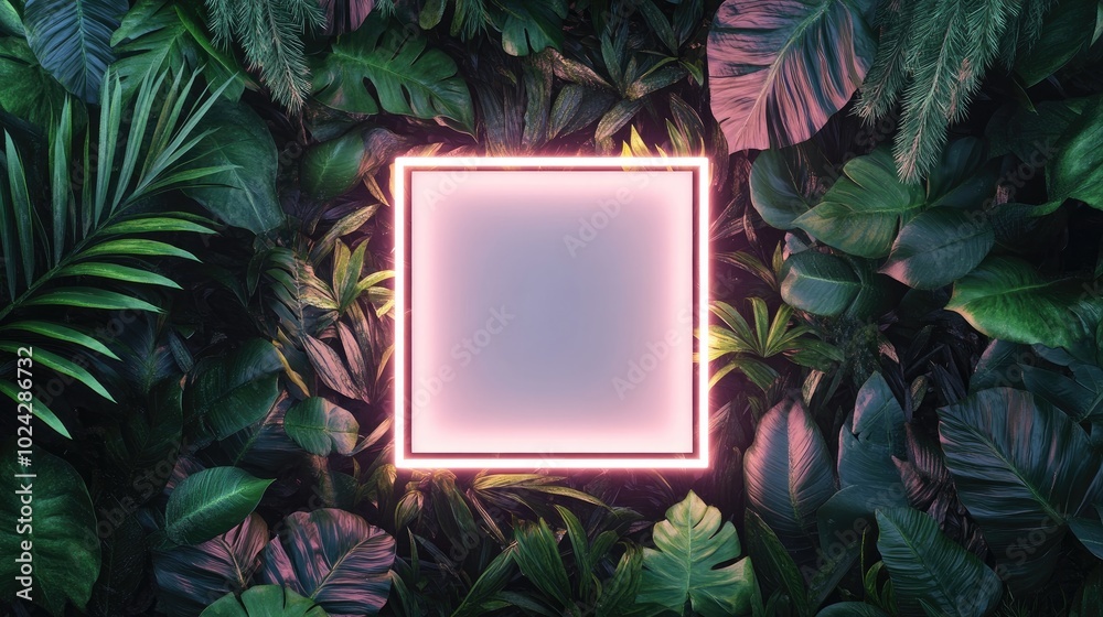 Poster 3d rendering of a white neon square light surrounded by tropical leaves showcasing a minimalist natu
