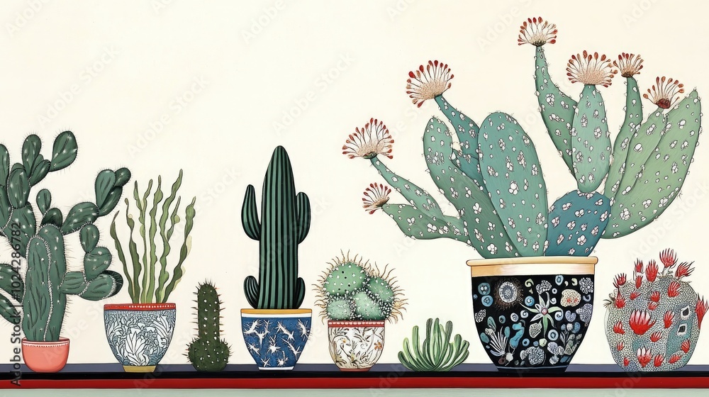 Poster Cacti In Pots Displayed On A Shelf