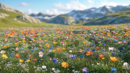 Wildflowers scattered across a meadow, bright natural light, ultrarealistic detail of colorful petals and the open landscape
