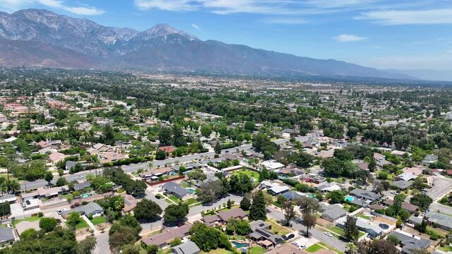 Aerial view of Upland city in San Bernardino County, California, on the border with neighboring Los Angeles County. 