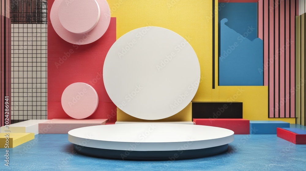 Poster 3D render of abstract colorful geometric shapes featuring a blank product display mockup with an empty stage and a round white podium surrounded by assorted pink blue yellow and black blocks