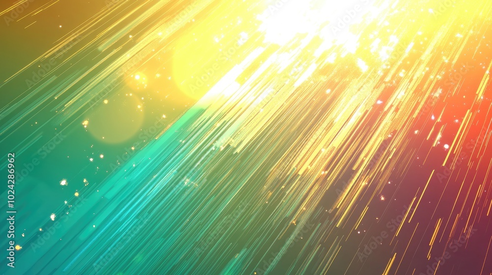 Aufkleber Abstract Digital Background With Noise Diffusion And Light Overlay Effect In Gold Green And Blue Colors Supernova Effect With Lens Flare And Light Burst Digital Glitch
