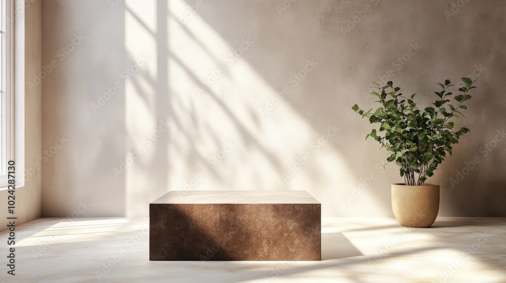 Poster Brown display pedestal in room with window light background 3D rendering