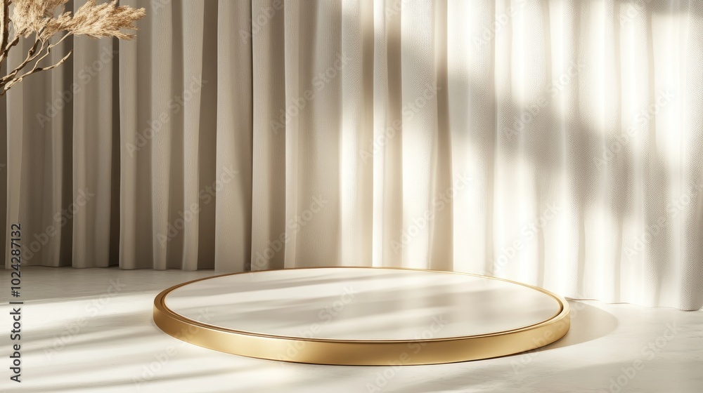 Poster 3d rendering of a circular podium with gold accents on textured fabric ideal for showcasing luxury c