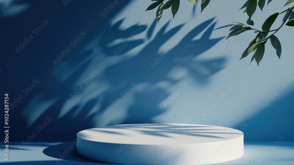 Poster abstract vacant white podium cast with leaf shadows on a blue backdrop 3d rendered display for produ