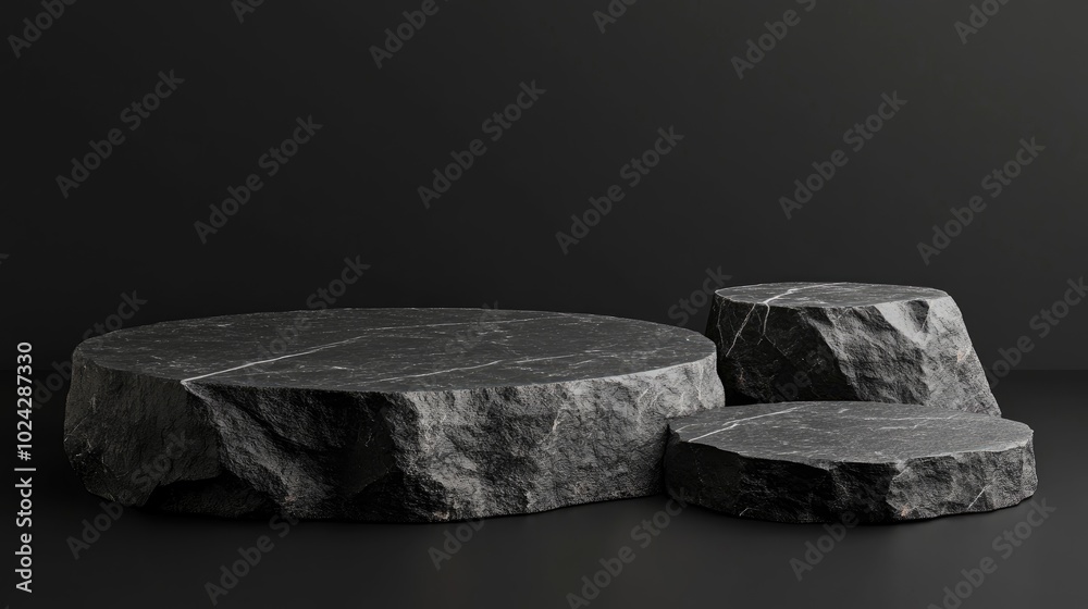 Poster 3d render illustration of stone and rock shapes round podium and pedestal for product display solid 